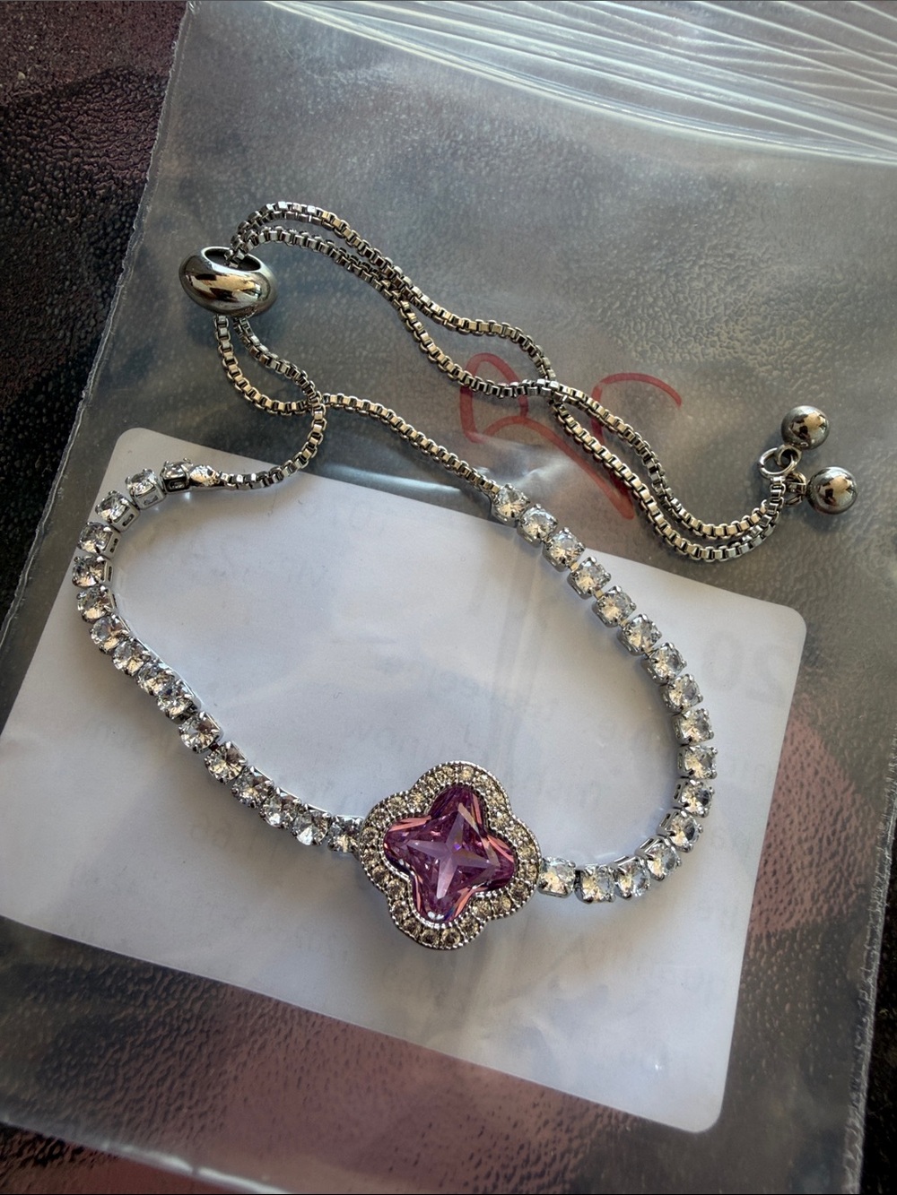 Silver Crystal Bracelet with Pink Stone adjustable